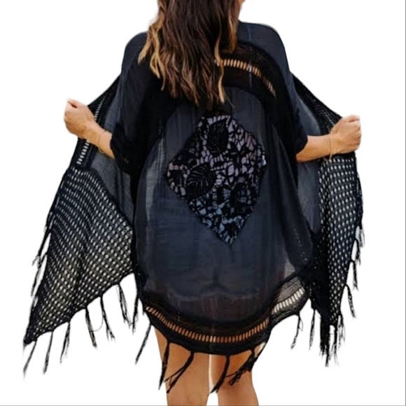 Pink Diamond vest open cardigan black crochet size M/L - Picture 2 of 11